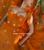 Booma Sweetheart Orange Tulle Prom Dresses Bow Straps Daisy Flowers Tea-Length Prom Gowns A-Line Midi Wedding Party Dresses-payinti