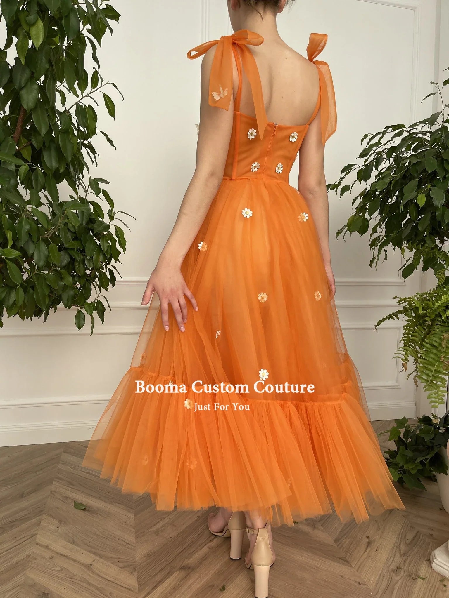 Booma Sweetheart Orange Tulle Prom Dresses Bow Straps Daisy Flowers Tea-Length Prom Gowns A-Line Midi Wedding Party Dresses-payinti
