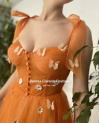 Booma Sweetheart Orange Tulle Prom Dresses Bow Straps Daisy Flowers Tea-Length Prom Gowns A-Line Midi Wedding Party Dresses-payinti