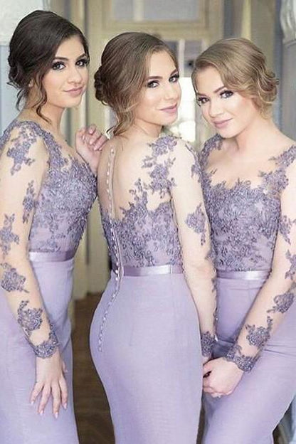 Lavender Lace Long Sleeves Bridesmaid Dress, Mermaid Wedding Party Dresses
