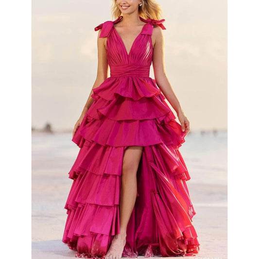 Rose Pink V-Ausschnitt Ärmellos Schlitz Abendkleid Weibliche Formale Party Ballkleid 