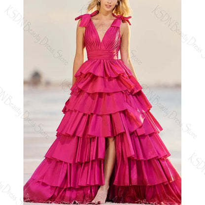 Rose Pink V-Ausschnitt Ärmellos Schlitz Abendkleid Weibliche Formale Party Ballkleid 