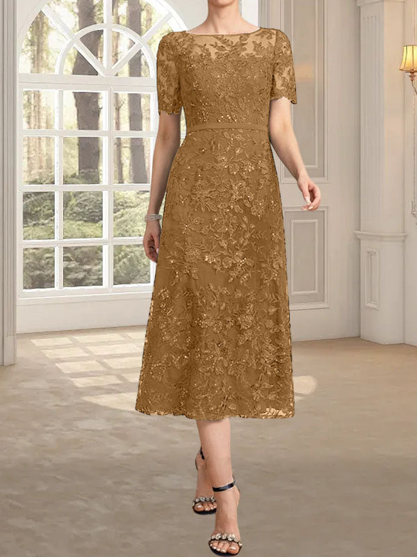 Vestido de madre de la novia de encaje con lentejuelas, corte A, escote ilusión y largo hasta la rodilla