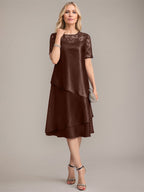 Vestido de madre de la novia con corte en A, escote redondo y largo hasta la rodilla, con apliques y lentejuelas