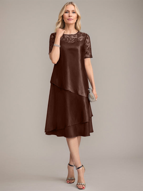 Vestido de madre de la novia con corte en A, escote redondo y largo hasta la rodilla, con apliques y lentejuelas