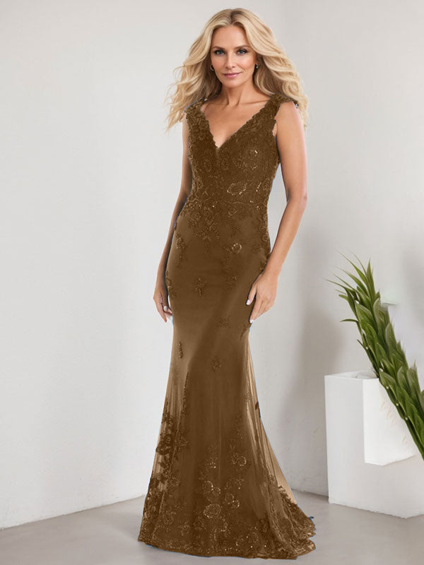 Vestido de novia de gasa con encaje, escote en V y largo hasta el suelo, con apliques de lentejuelas, estilo sirena