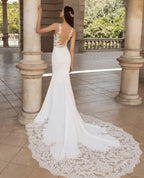 Brush Train Mermaid Wedding Dresses Sexy Depp V-neck Vestidos De Novia Sleeveless Appliques Vestido De Noiva-payinti