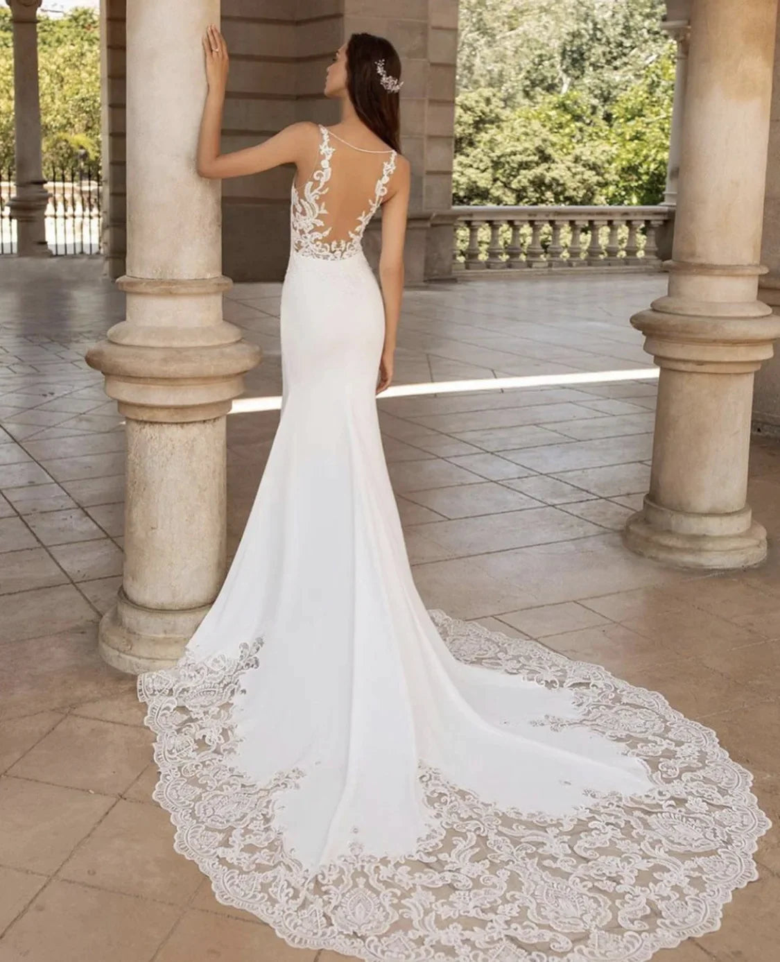 Brush Train Mermaid Wedding Dresses Sexy Depp V-neck Vestidos De Novia Sleeveless Appliques Vestido De Noiva-payinti