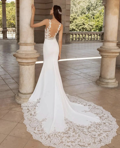 Brush Train Mermaid Wedding Dresses Sexy Depp V-neck Vestidos De Novia Sleeveless Appliques Vestido De Noiva-payinti
