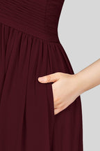 Vestidos de fiesta cortos de gasa con tirantes finos, sin mangas y corte en A, con bolsillos 