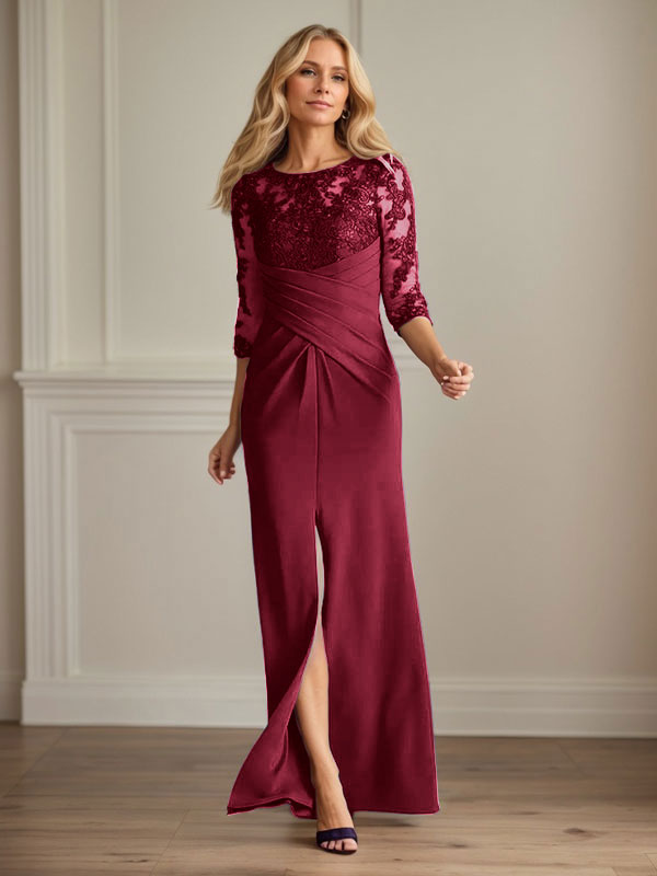 Vestido para madre de la novia de crepé elástico con encaje color ciruela