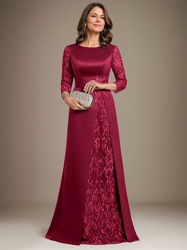 Vestido de madre de la novia de satén con encaje, corte A, largo hasta el suelo y apliques