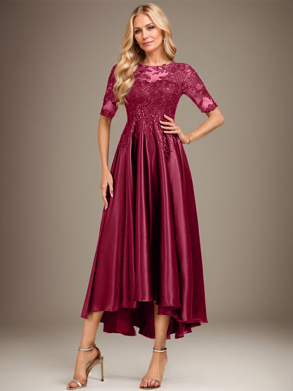 Vestido de madre de la novia de encaje satinado elástico asimétrico con ilusión de escote redondo y lentejuelas