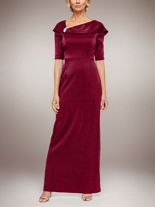Vestido largo de columna brillante con puños doblados, escote en L y mangas hasta el codo