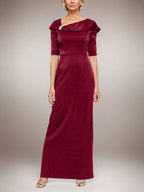 Vestido largo de columna brillante con puños doblados, escote en L y mangas hasta el codo