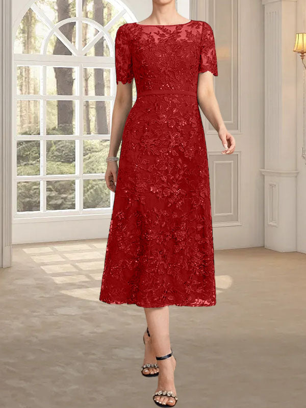 Vestido de madre de la novia de encaje con lentejuelas, corte A, escote ilusión y largo hasta la rodilla
