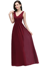 Burgunderrotes Chiffon Etuikleid mit V-Ausschnitt und langem Abendkleid