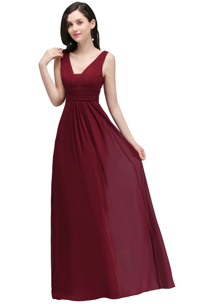 Burgundy Chiffon Sheath V Neck Long Evening Dresses