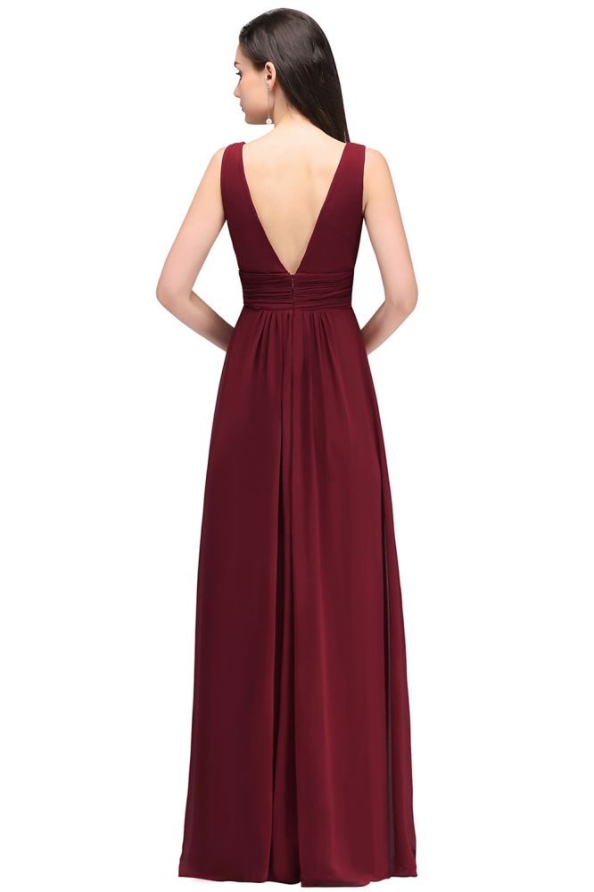 Burgunderrotes Chiffon Etuikleid mit V-Ausschnitt und langem Abendkleid