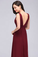 Burgunderrotes Chiffon Etuikleid mit V-Ausschnitt und langem Abendkleid