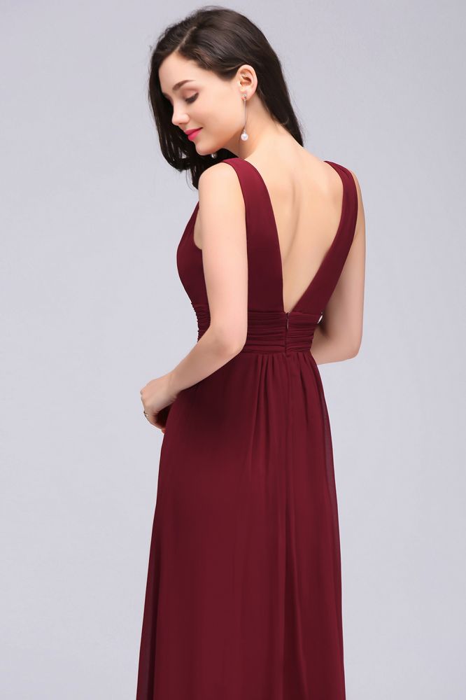 Burgundy Chiffon Sheath V Neck Long Evening Dresses