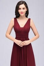 Burgunderrotes Chiffon Etuikleid mit V-Ausschnitt und langem Abendkleid