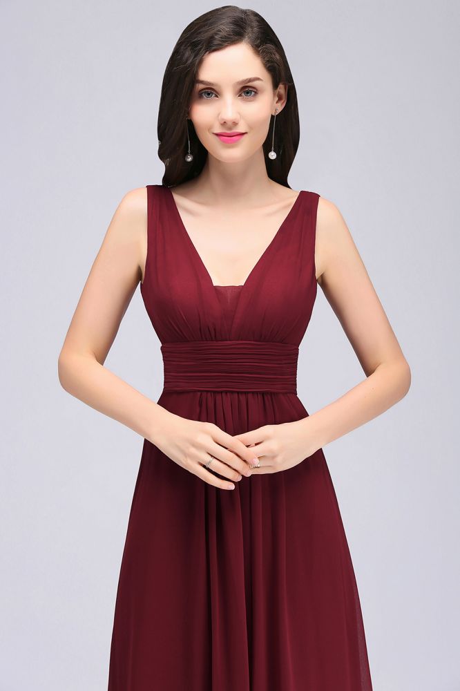 Burgunderrotes Chiffon Etuikleid mit V-Ausschnitt und langem Abendkleid