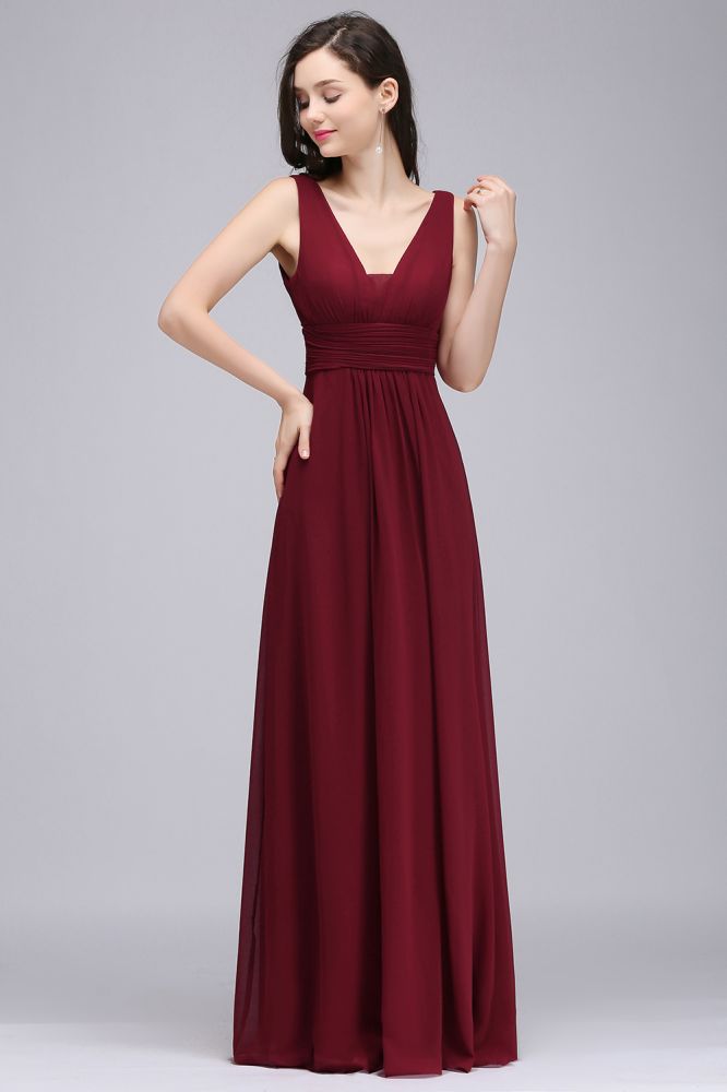 Burgunderrotes Chiffon Etuikleid mit V-Ausschnitt und langem Abendkleid