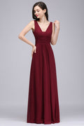 Burgunderrotes Chiffon Etuikleid mit V-Ausschnitt und langem Abendkleid