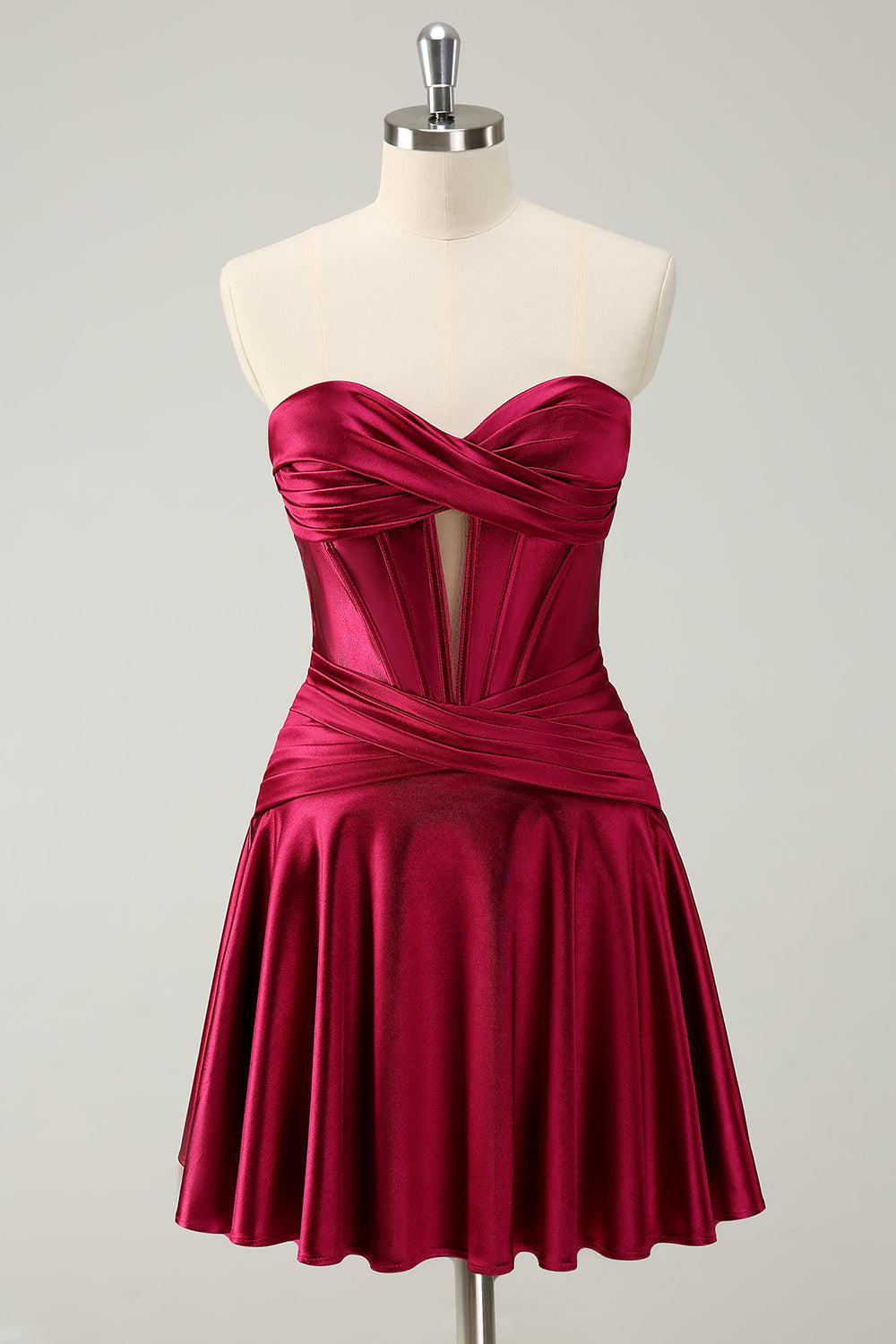 Hermoso vestido de fiesta fucsia con escote en forma de A, corsé cruzado y volantes