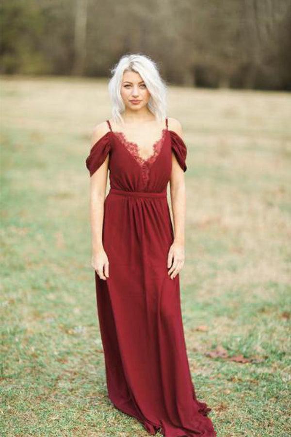 Vestido largo de gasa burdeos para dama de honor, vestido de fiesta de boda BD070