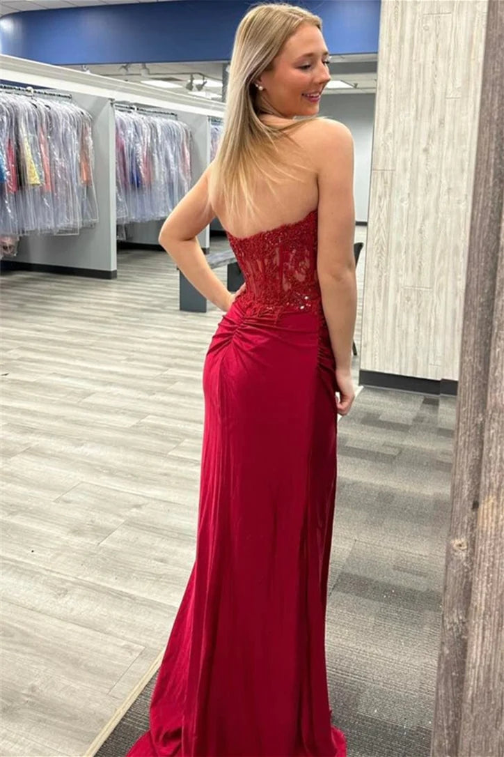 Robe de bal sirène bordeaux sans bretelles avec appliques et fente PSK467