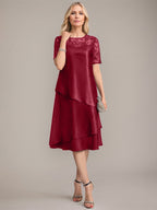 Vestido de madre de la novia con corte en A, escote redondo y largo hasta la rodilla, con apliques y lentejuelas