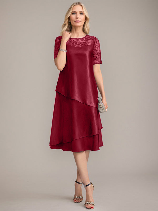 Vestido de madre de la novia con corte en A, escote redondo y largo hasta la rodilla, con apliques y lentejuelas