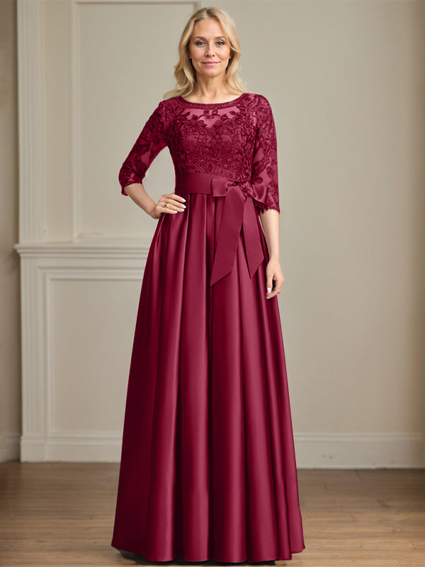 Vestido de madre de la novia de satén con encaje, corte A, escote ilusión, largo hasta el suelo, con lazo de lentejuelas
