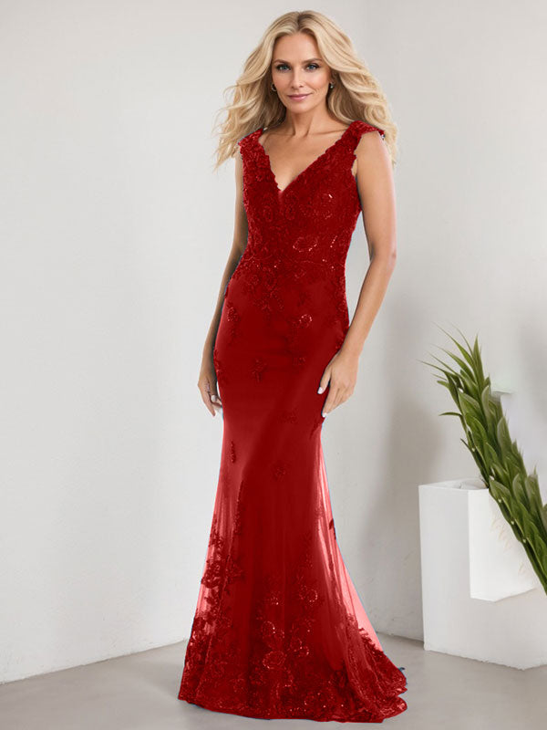 Vestido de novia de gasa con encaje, escote en V y largo hasta el suelo, con apliques de lentejuelas, estilo sirena