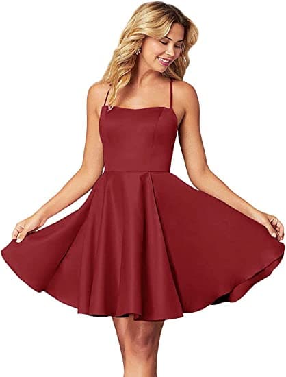 Spaghettiträger Homecoming Kleid Kurz Satin Puffy Cocktail SYH1