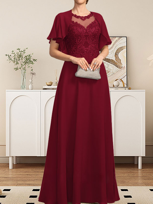 Vestido de gasa con encaje y lentejuelas para madre de la novia, corte A, escote ilusión, largo hasta el suelo
