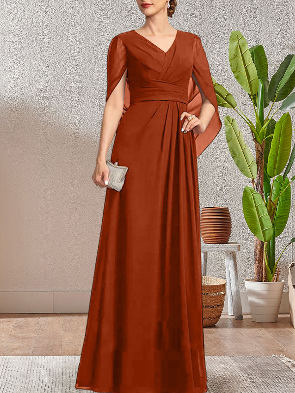 Vestido largo azul marino oscuro con escote en V y corte A para madre de la novia