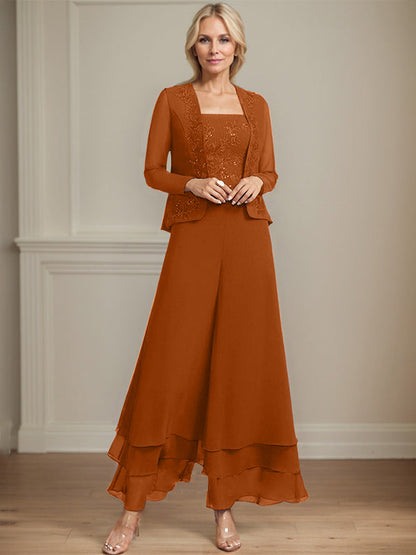 Separates Jumpsuit/Hosenanzug Quadratisches Knöchellanges Spitzenchiffonkleid für die Brautmutter mit Pailletten 
