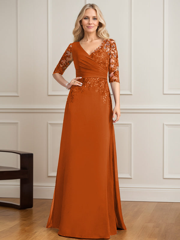 Vestido de madre de la novia de gasa con encaje, escote en V y lentejuelas plisadas hasta el suelo