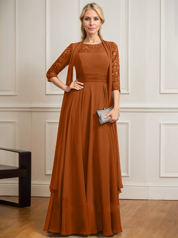 Vestido de gasa de encaje con ilusión de corte A hasta el suelo para madre de la novia con pliegues