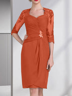 Vestido de gasa para madre de la novia con escote corazón, largo hasta la rodilla, con apliques de cuentas, encaje y lentejuelas plisado.