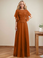Vestido de gasa con encaje y lentejuelas para madre de la novia, corte A, escote ilusión, largo hasta el suelo