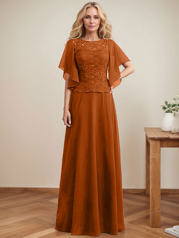 Vestido de gasa con encaje y lentejuelas para madre de la novia, corte A, escote ilusión, largo hasta el suelo