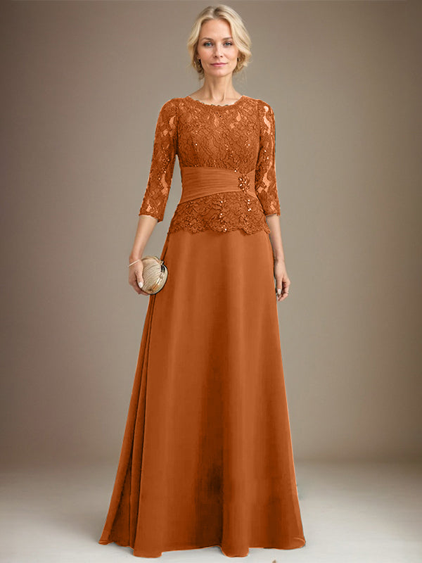 Vestido de gasa con encaje, corte A, ilusión, largo hasta el suelo, para madre de la novia, con lentejuelas plisadas y abalorios