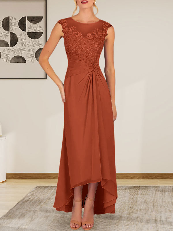 Vestido de gasa con encaje y escote redondo en forma de A color champán