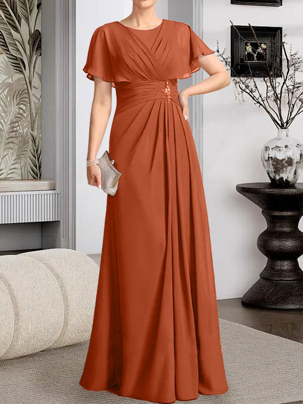 Vestido de gasa para madre de la novia con corte en A, escote redondo y largo hasta el suelo, con cuentas plisadas