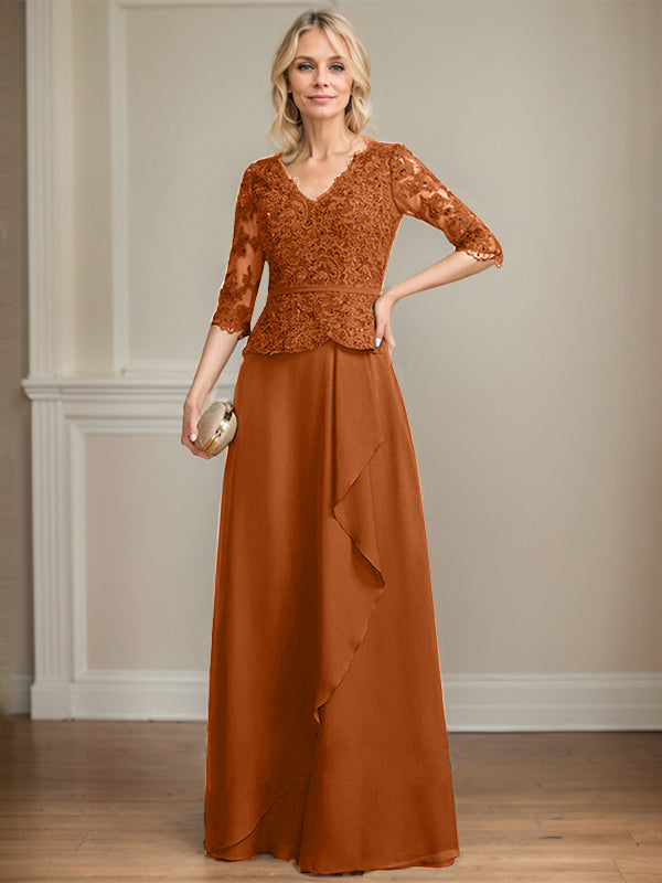 A-Linie V-Ausschnitt Bodenlanges Spitzen-Chiffon-Kleid für die Brautmutter mit kaskadierenden Rüschen und Pailletten 