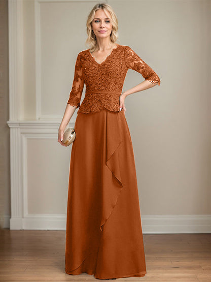 A-line V-Neck Floor-Length Lace Chiffon Mother of the Bride Dress With Cascading Ruffles Sequins